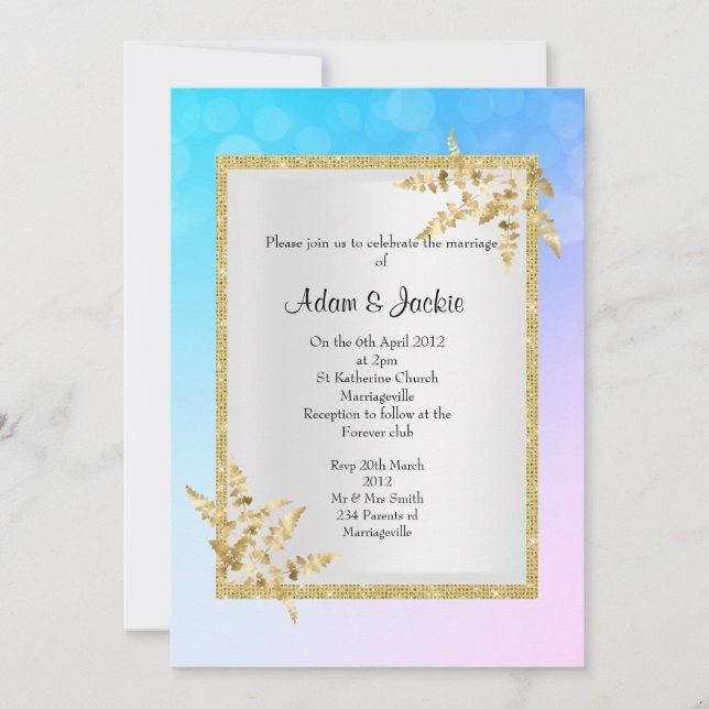 Pastel blue silver gold leaf ELEGANT WEDDING Invitation (Front)