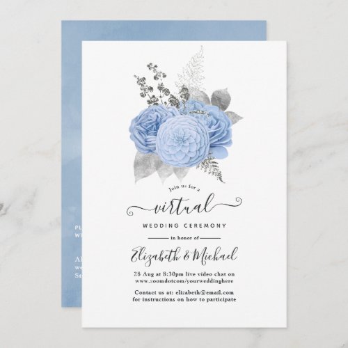 Pastel Blue  Silver Vintage Rose Virtual Wedding Invitation