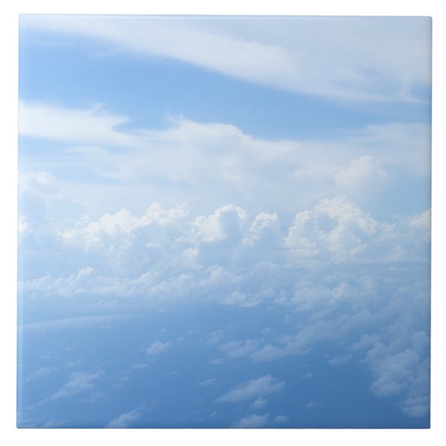 Pastel blue sky, fluffy white clouds ceramic tile (Front)