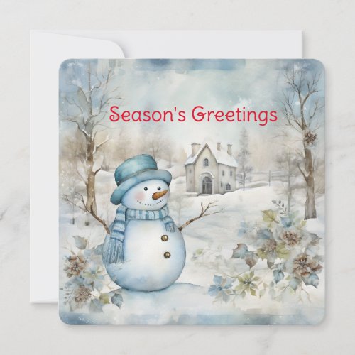 Pastel Blue Snowman and Old church Winter Scene Holiday Card