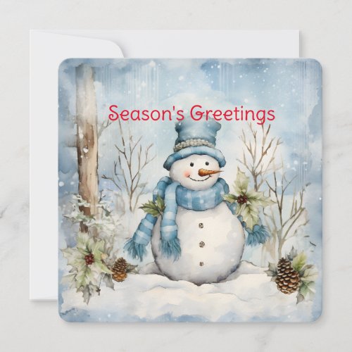 Pastel Blue Snowman Pine Cones Holly Winter Scene Holiday Card