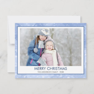 Pastel Blue Sparkle Snow Bokeh Christmas Photo Holiday Card