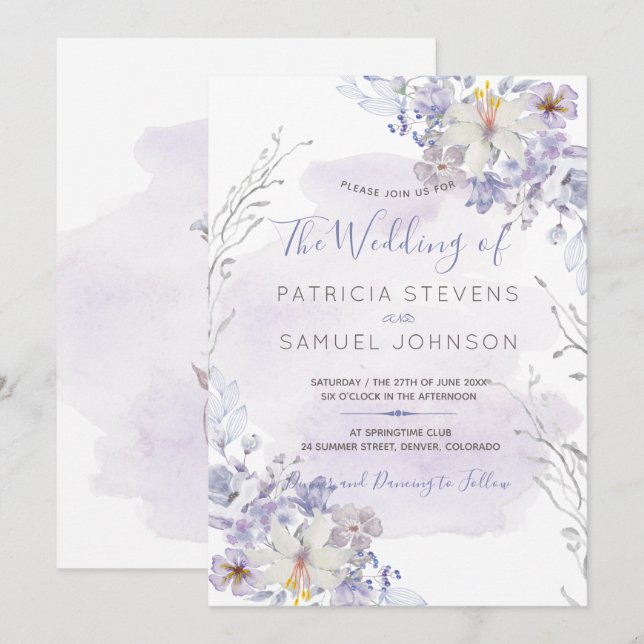 Pastel blue spring watercolor blooms wedding invitation (Front/Back)