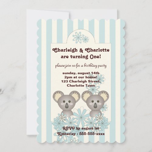 Pastel Blue Stripe Baby Koala Twin Kids Birthday Invitation
