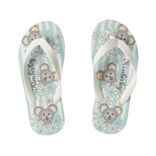 Pastel Blue Stripe Cute Baby Koala Bear Kids Flip Flops