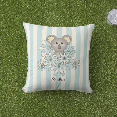 Pastel Blue Stripe Cute Baby Koala Bear Kids Outdoor Pillow