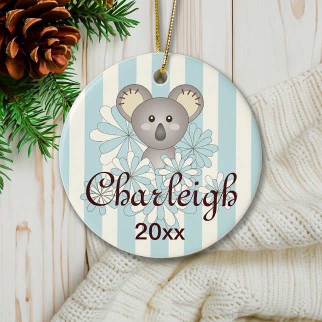 Pastel Blue Stripe Cute Baby Koala Kids Christmas Ceramic Ornament (Creator Uploaded)