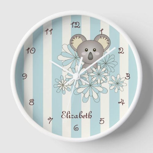 Pastel Blue Stripe Cute Baby Koala Kids Room Clock
