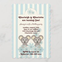 Pastel Blue Stripe Cute Baby Koala Twin Birthday Invitation