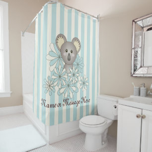 Pastel Blue Stripe Cute Cartoon Baby Koala Kids Shower Curtain