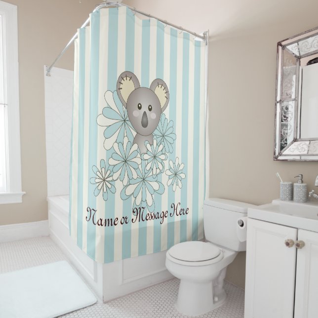 Pastel Blue Stripe Cute Cartoon Baby Koala Kids Shower Curtain (In Situ)