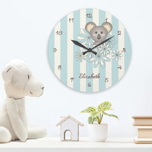 Pastel Blue Stripe Cute Koala Nursery / Kids Room Large Clock