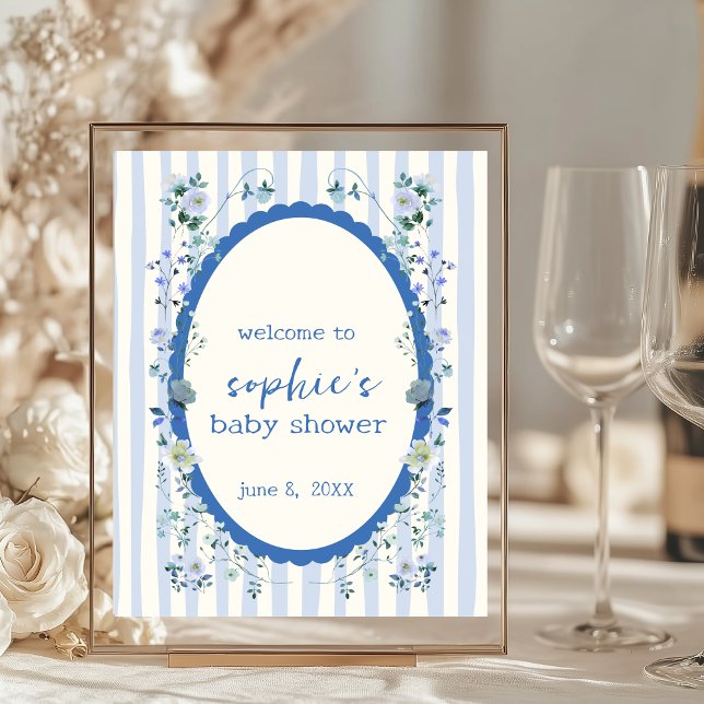 Pastel Blue Stripe Wreath Baby Shower Welcome Sign (Creator Uploaded)