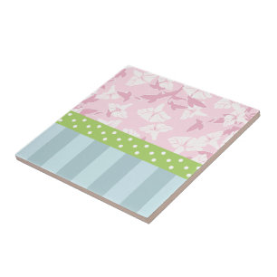 Pastel Blue Striped Pink Floral Green Polka Dots Ceramic Tile