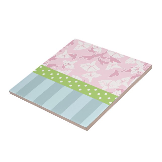 Pastel Blue Striped Pink Floral Green Polka Dots Ceramic Tile (Side)