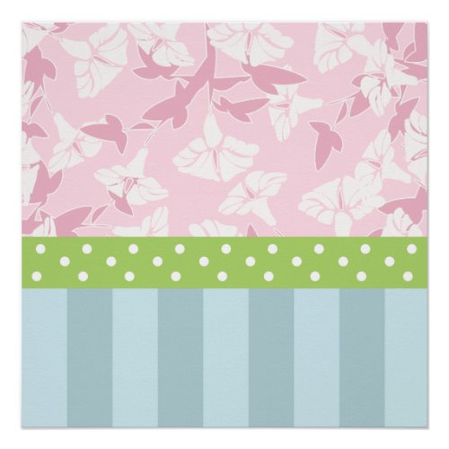 Pastel Blue Striped Pink Floral Green Polka Dots Poster