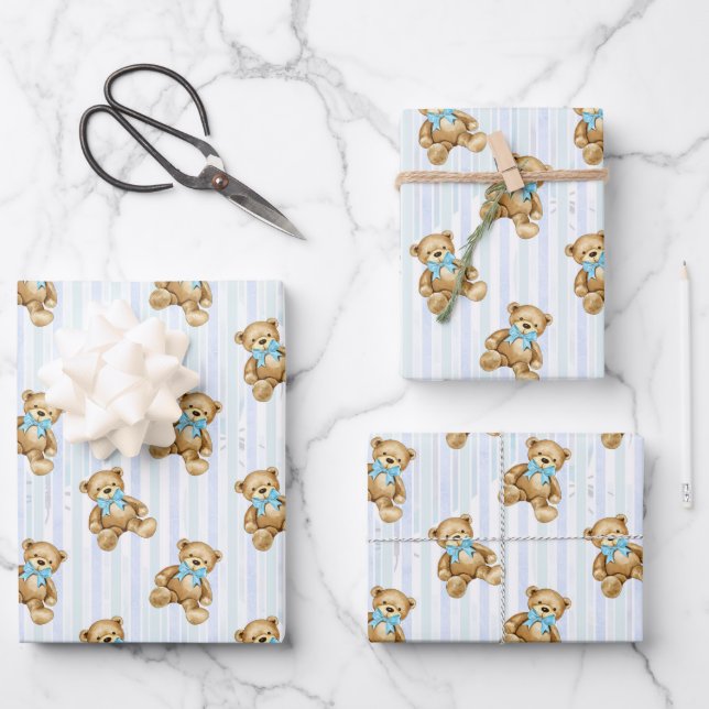 PASTEL BLUE STRIPES & BABY BOY TEDDY BEARS WRAPPING PAPER SHEETS (Front)