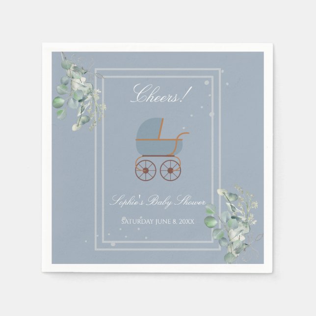 Pastel Blue Stripes Baby Carriage Baby Shower Napkins (Front)