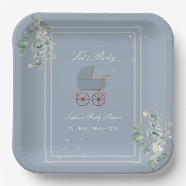 Pastel Blue Stripes Baby Carriage Baby Shower Paper Plates (Front)
