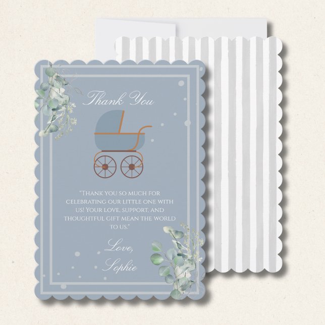 Pastel Blue Stripes Baby Carriage Baby Shower Thank You Card (Creator Uploaded)
