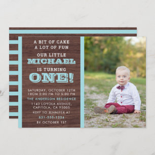Pastel Blue Stripes On Wood Baby Boys 1st Birthday Invitation