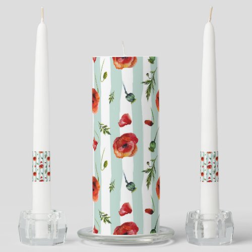 Pastel Blue Stripes Pattern  Red Poppies Unity Candle Set