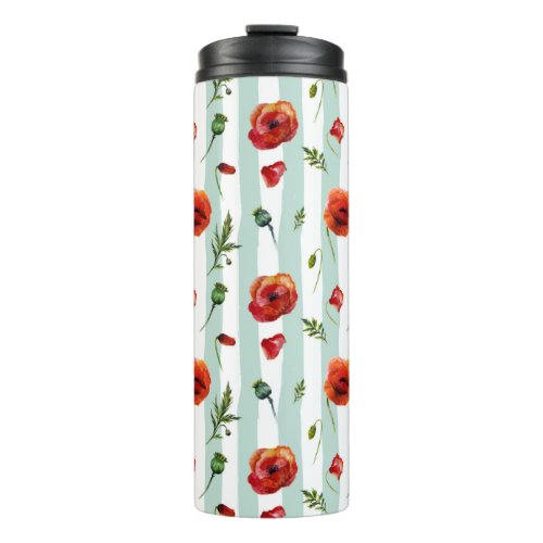 Pastel Blue Stripes  Red Poppies Pattern Thermal Tumbler