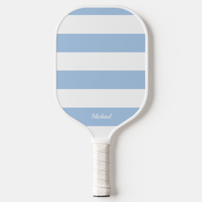 Pastel Blue Stripes Striped Personalized Pickleball Paddle (Front)