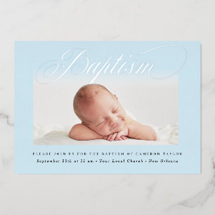 Pastel Blue Subtle Cross One Photo Baptism Silver Foil Invitation