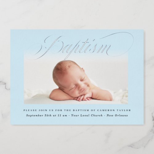 Pastel Blue Subtle Cross One Photo Baptism Silver Foil Invitation