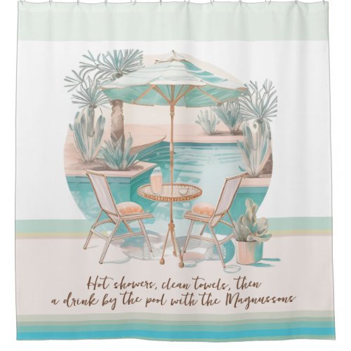 Pastel blue teal white aesthetic chairs by pool shower curtain