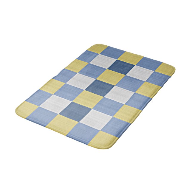 Pastel Blue Teal Yellow White Checkered Pattern Bath Mat (Angled)