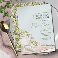 Pastel Blue Teapot Floral Elegant Birthday Brunch