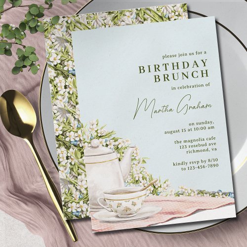 Pastel Blue Teapot Floral Elegant Birthday Brunch Invitation