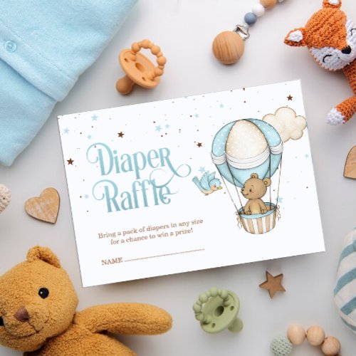 Pastel Blue Teddy Bear Air Balloon Diaper Raffle Enclosure Card