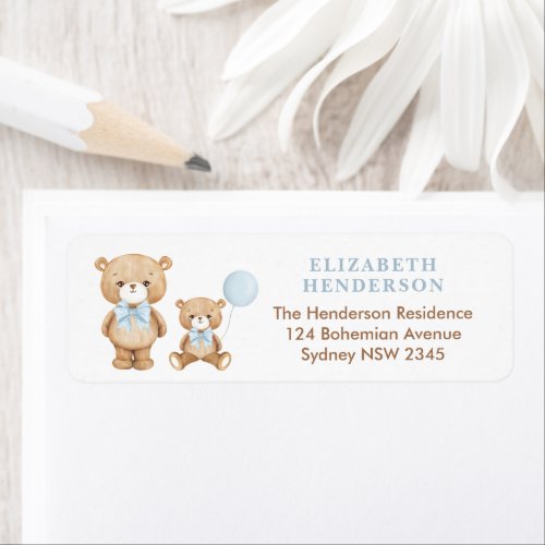 Pastel Blue Teddy Bear Balloon Baby Return Address Label