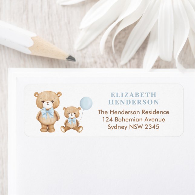 Pastel Blue Teddy Bear Balloon Baby Return Address Label (Insitu)