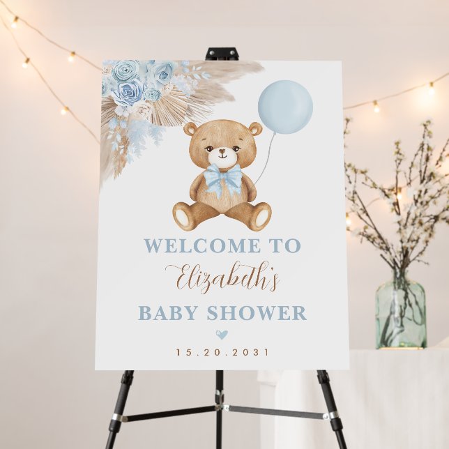Pastel Blue Teddy Bear Boho Pampas Welcome Baby Foam Board (In Situ (Stand))