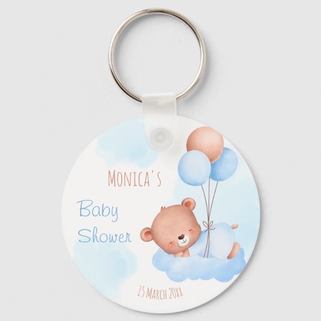 Pastel blue teddy bear watercolor baby shower keychain (Front)
