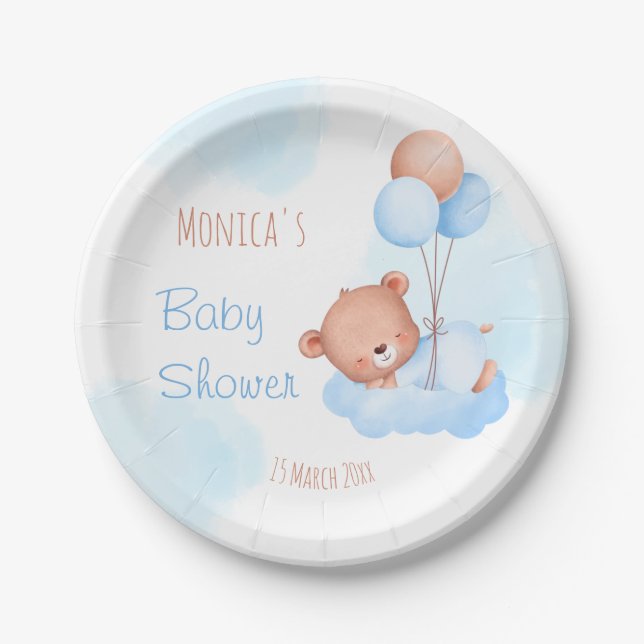 Pastel blue teddy bear watercolor baby shower   paper plates (Front)