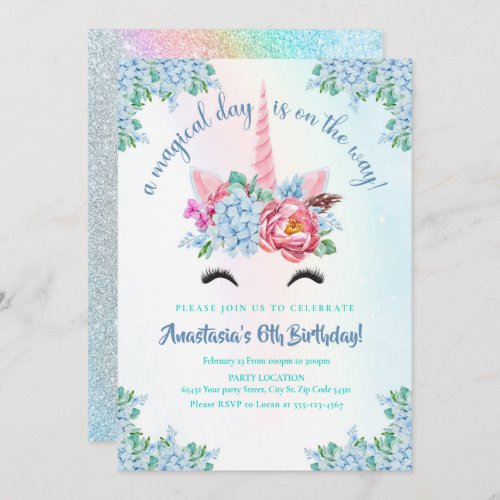 Pastel Blue Unicorn Birthday Invitation