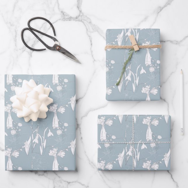 Pastel  Blue Vase of Flowers and Blossoms   Wrapping Paper Sheets (Front)