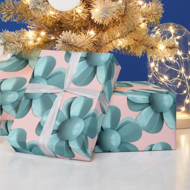 Pastel Blue Vintage Daisy MOD Flower Wedding Pink Wrapping Paper (Holidays)