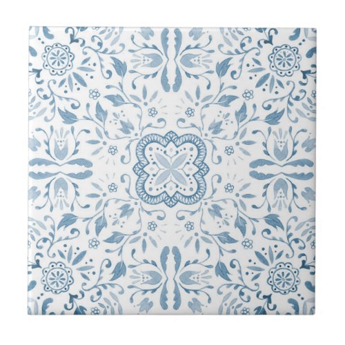 Pastel Blue Vintage Floral Watercolor Pattern Ceramic Tile