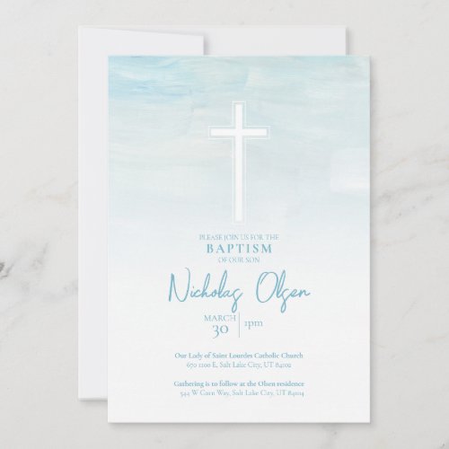 Pastel Blue Watercolor Baby Boy Baptism Invitation