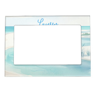 pastel blue watercolor beach waves name editable c magnetic frame