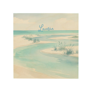 pastel blue watercolor beach waves name editable c wood wall art