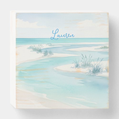 pastel blue watercolor beach waves name editable c wooden box sign