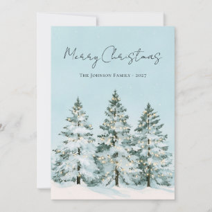 Pastel Blue Watercolor Christmas Pine Trees Photo Holiday Card