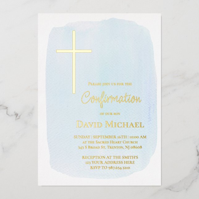 pastel blue watercolor Confirmation boy Foil Invitation (Front)